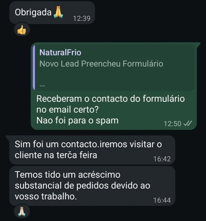 Mensagem de um cliente de AVAC a agradecer o aumento de pedidos de orçamento depois do trabalho da GrowthLab
